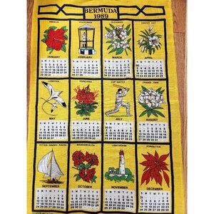 Vintage Bermuda Tea Towel Calendar 1989: Floral Kitchen Decor